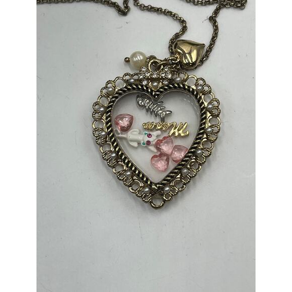 BETSEY JOHNSON Vintage Kitty White Cat Meow Floating Charm Pearl Heart‎ Necklace - Picture 9 of 10